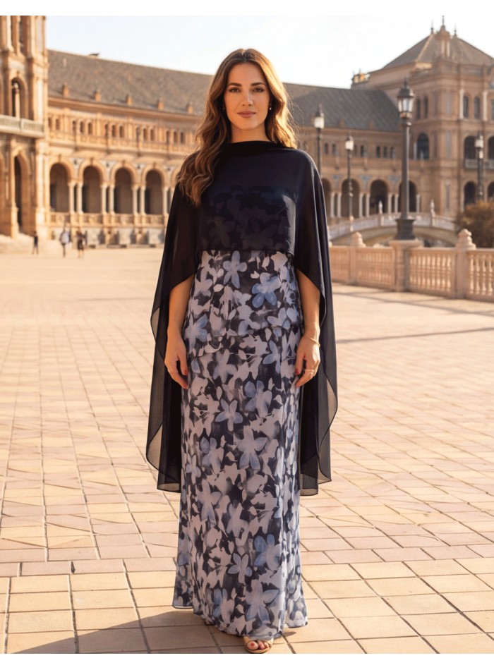 Short chiffon cape with square pattern in navy...