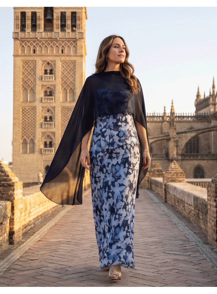 Short chiffon cape with square pattern in navy...