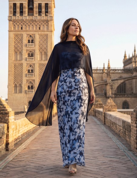 Short chiffon cape with square pattern in navy blue