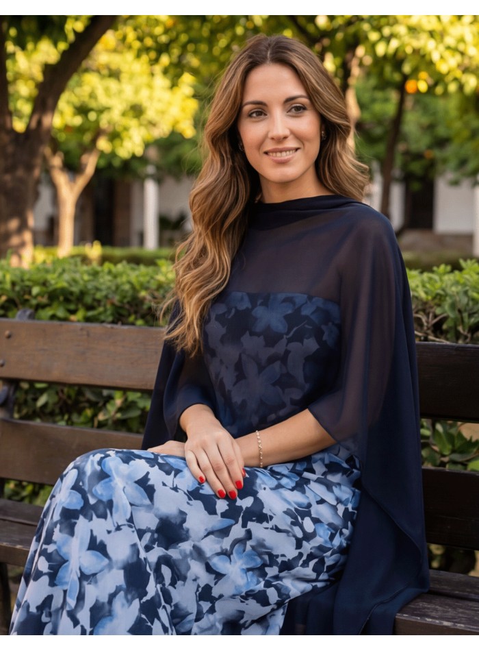 Short chiffon cape with square pattern in navy...