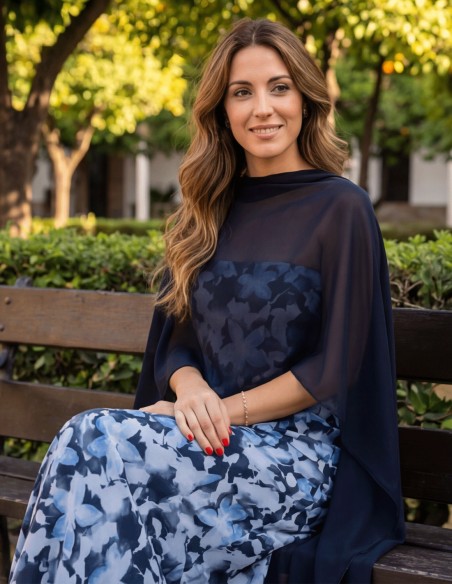 Short chiffon cape with square pattern in navy blue