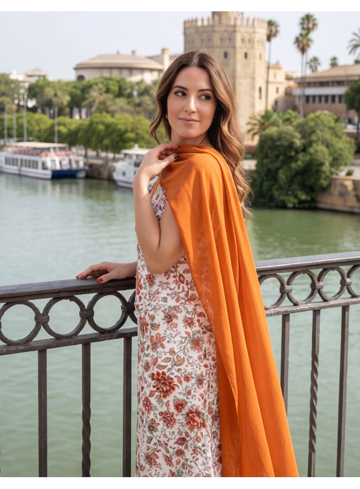 Short chiffon cape with square design in russet...