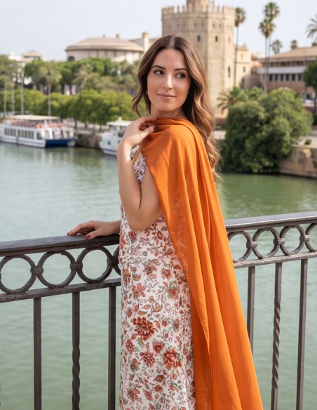 Cape courte en mousseline de soie à motifs carrés de couleur rousse