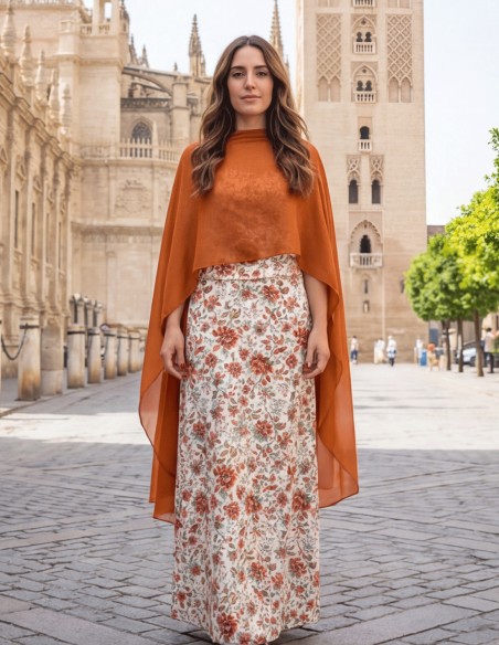 Cape courte en mousseline de soie à motifs carrés de couleur rousse