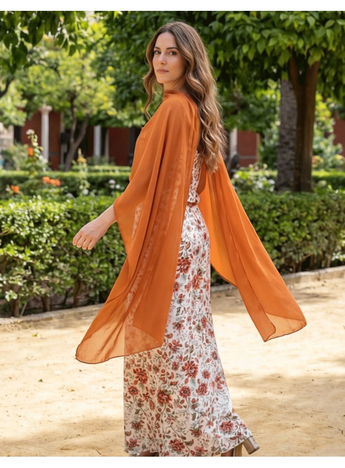 Short chiffon cape with square design in russet...