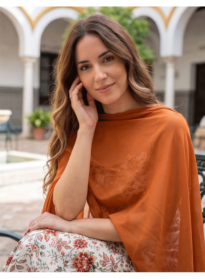 Short chiffon cape with square design in russet...