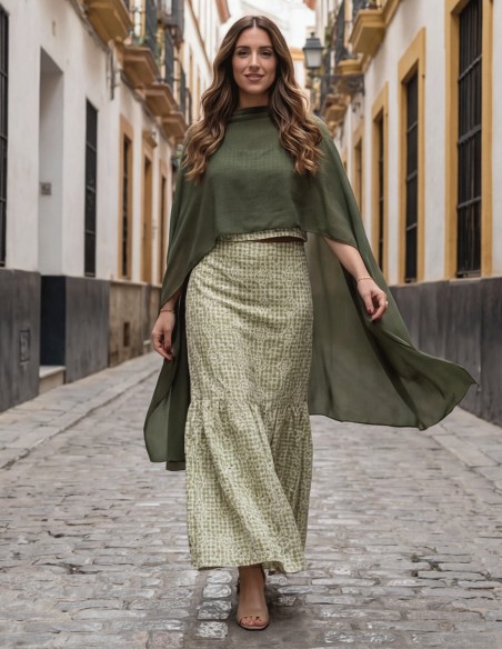 Cape courte en mousseline de soie avec motif carré en vert chasseur