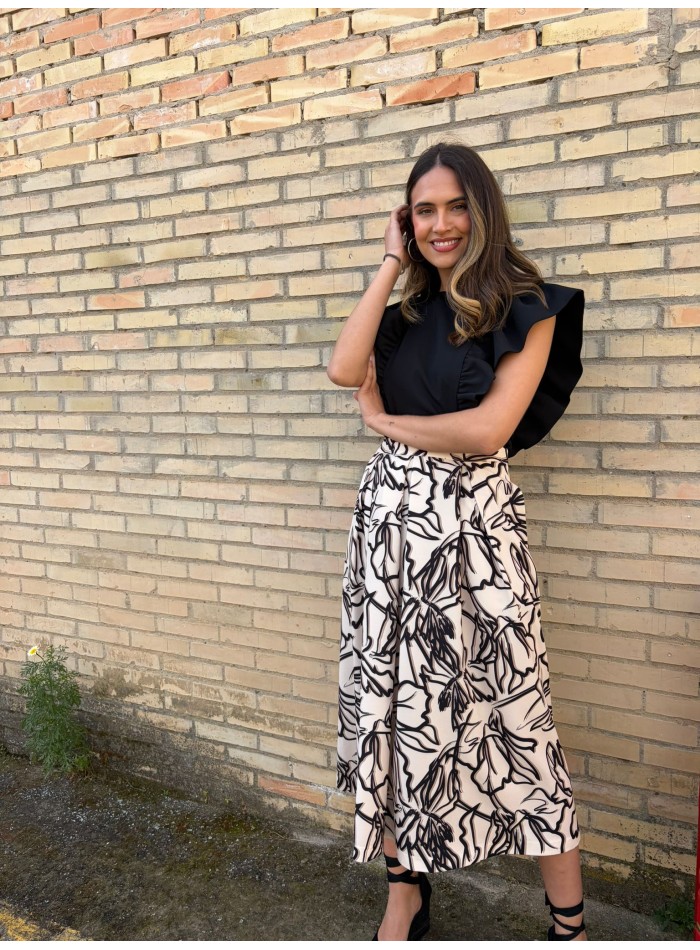 Falda midi de vuelo con estampado en blanco y negro para eventos