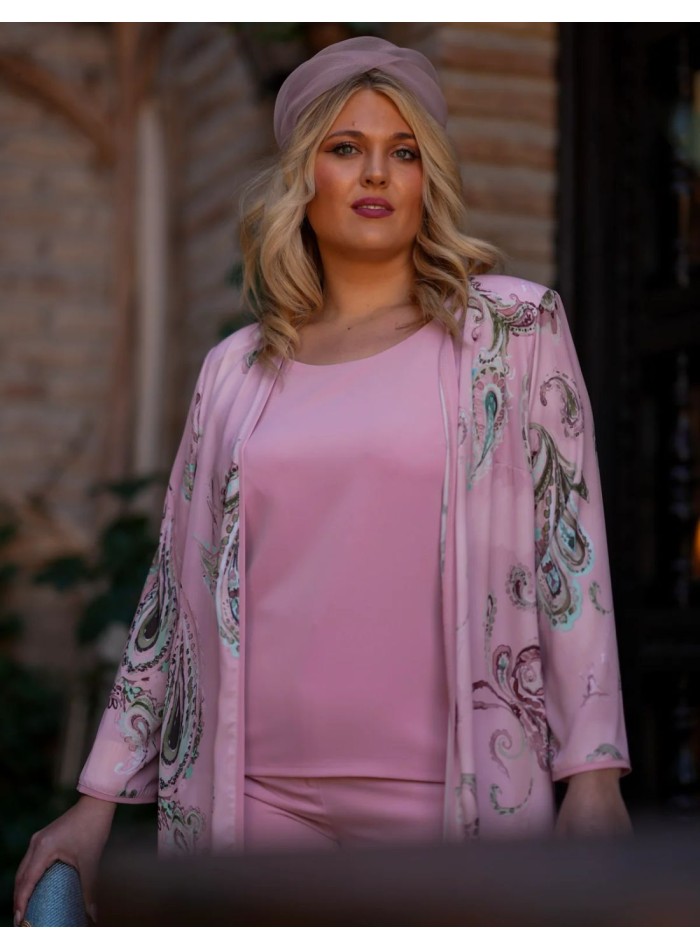 Three-piece set with printed fabric chiffon jacket