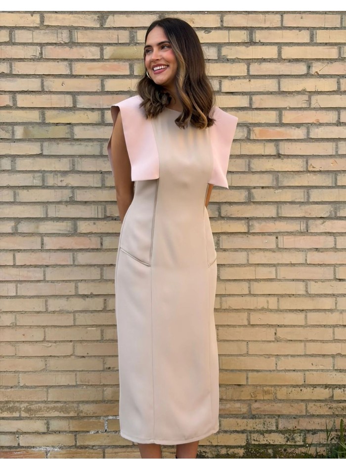 Toasted beige midi dress with opening sleeve...