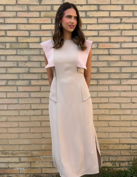 Toasted beige midi dress with opening sleeve details