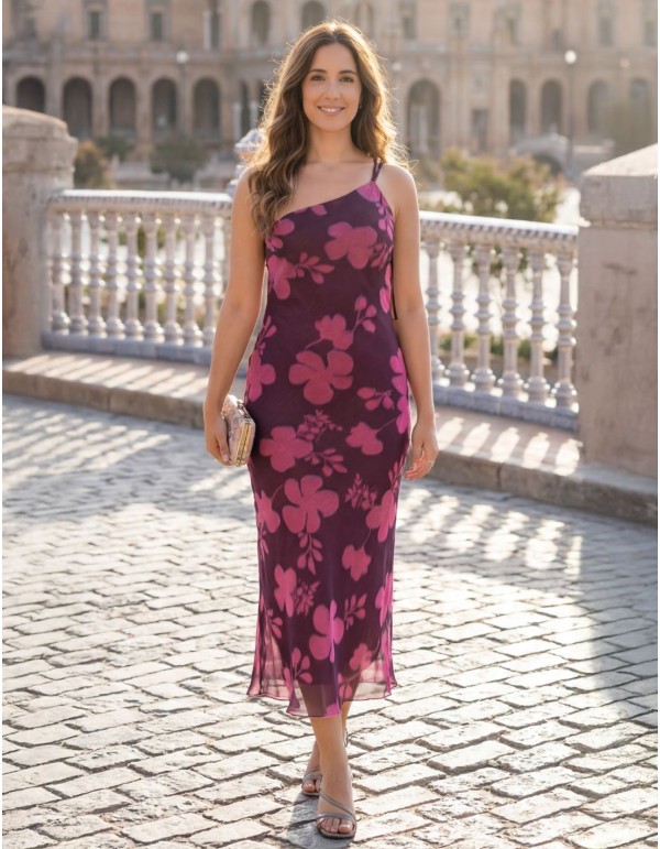 Vestido midi buganvilla estampado con flores y escote asimétrico