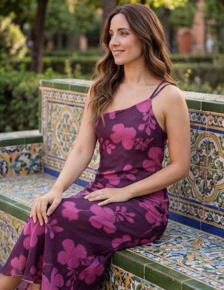 Bougainvillea midi dress with floral print and asymmetrical neckline