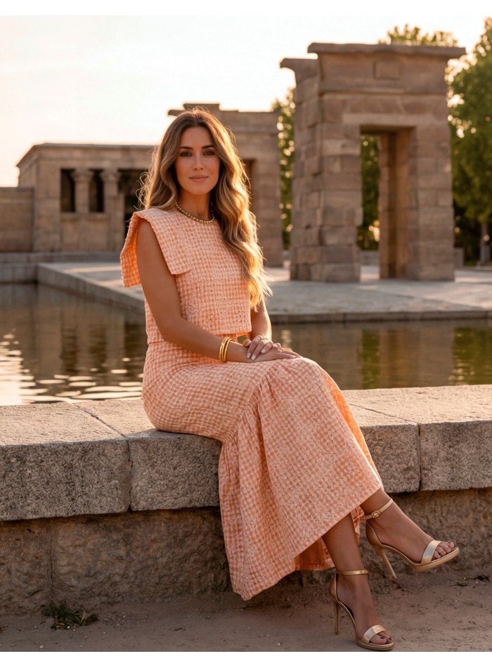 Orange two-piece guest ensemble with midi skirt and structured top