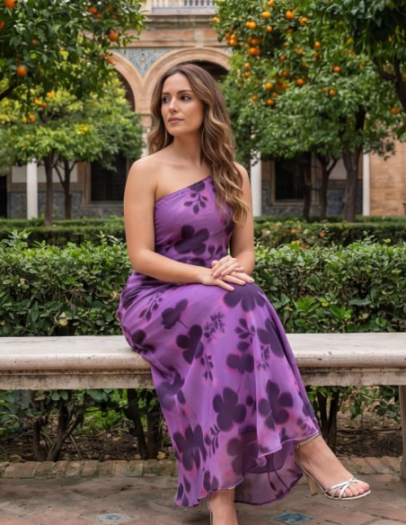 Lilac colored midi guest dress with asymmetrical neckline