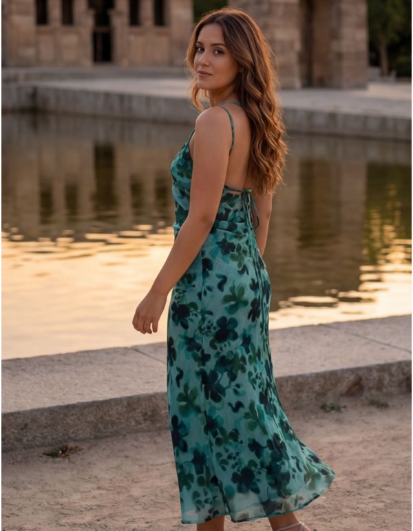 Floral aqua green midi dress with asymmetrical neckline...