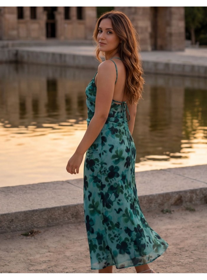 Robe midi à fleurs vert aqua avec encolure...