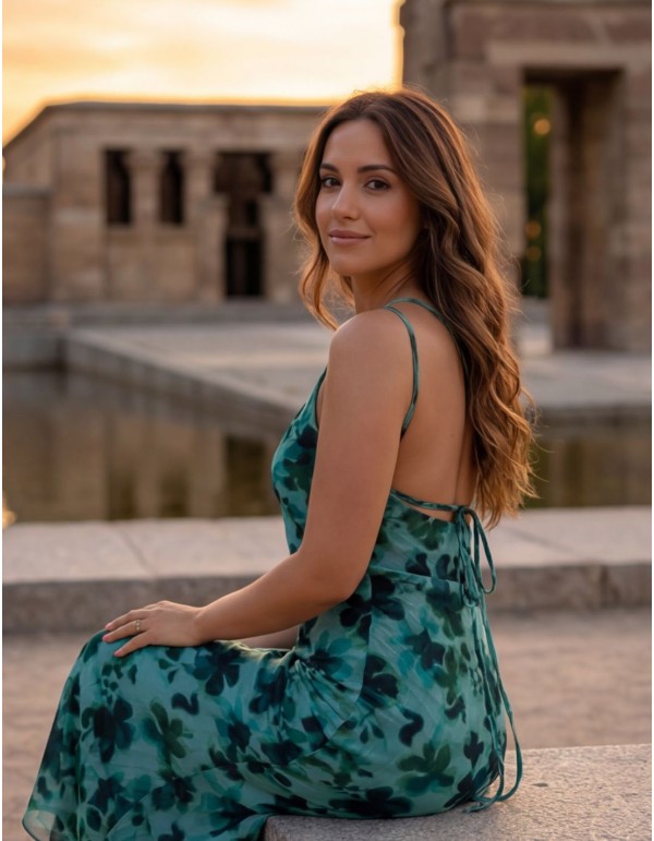 Floral aqua green midi dress with asymmetrical neckline... 2