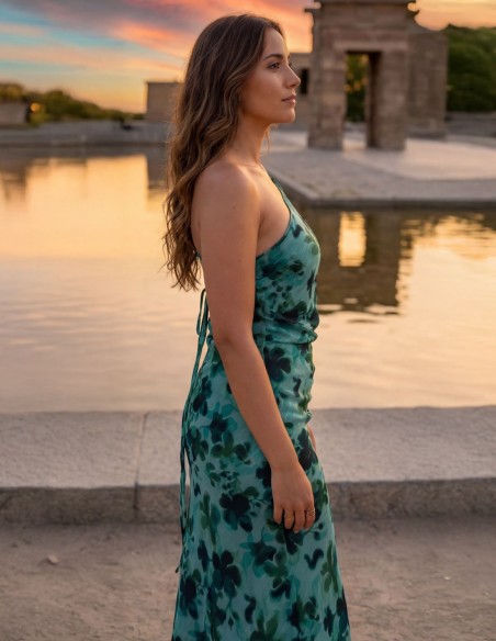 Floral aqua green midi dress with asymmetrical neckline and open back
