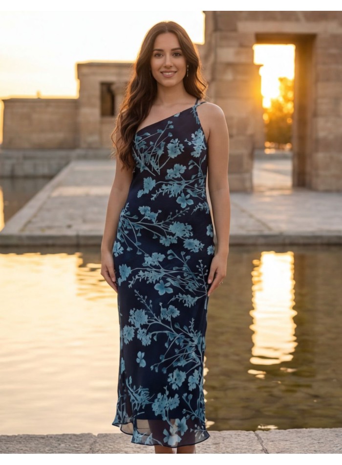Vestido midi azul marino con estampado floral y detalles en hilo brillante