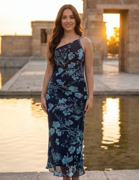 Vestido midi azul marino con estampado floral y detalles en hilo brillante