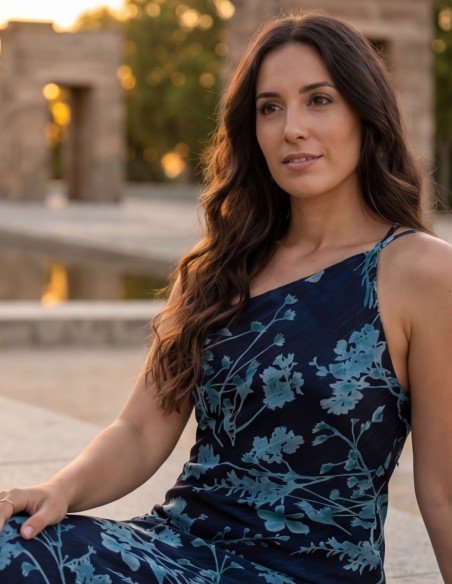 Vestido midi azul marino con estampado azul y detalles en hilo brillante