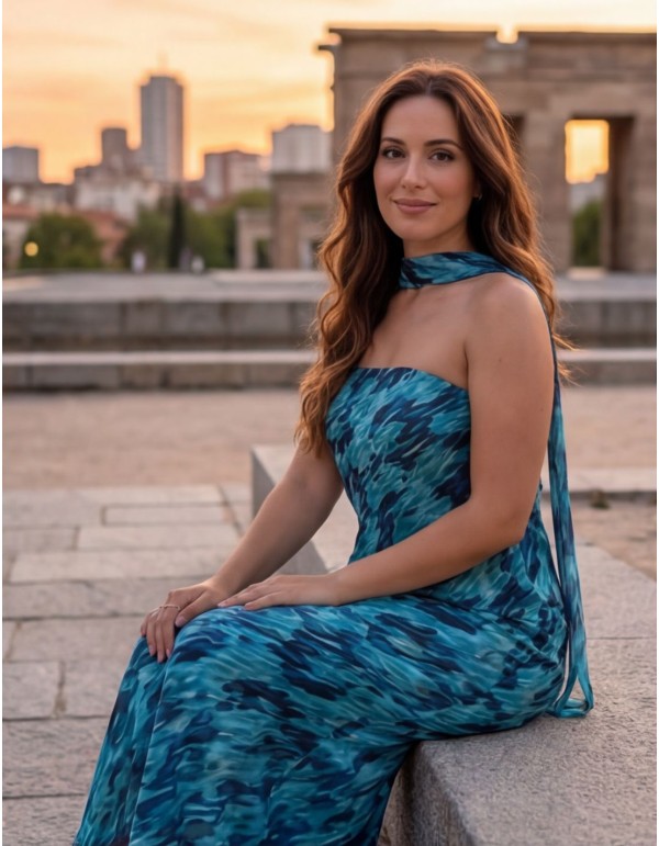 Conjunto de dos piezas azul estampado con falda midi, top palabra de honor y chal a juego 2