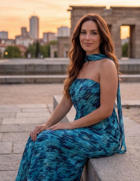 Blue printed two-piece set with midi skirt, strapless top and matching shawl