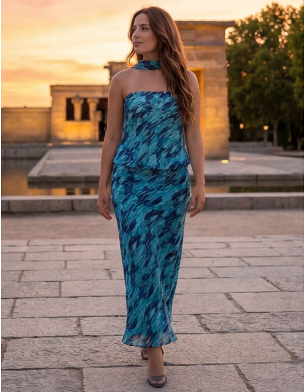 Blue printed two-piece set with midi skirt, strapless top...