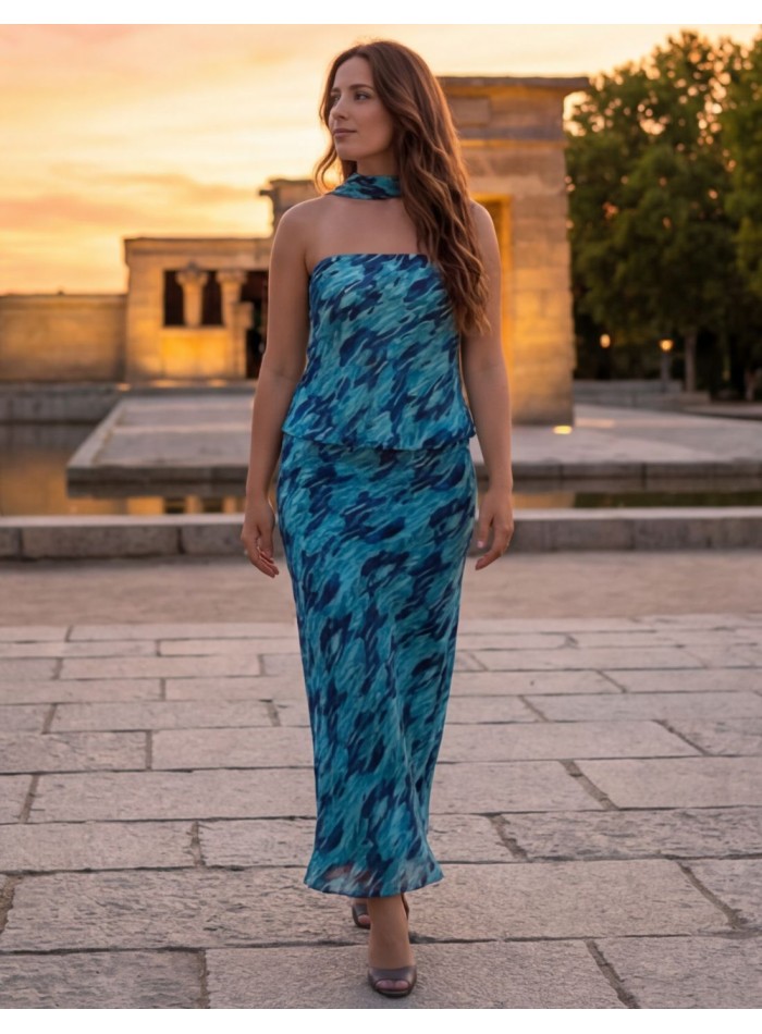 Blue printed two-piece set with midi skirt,...