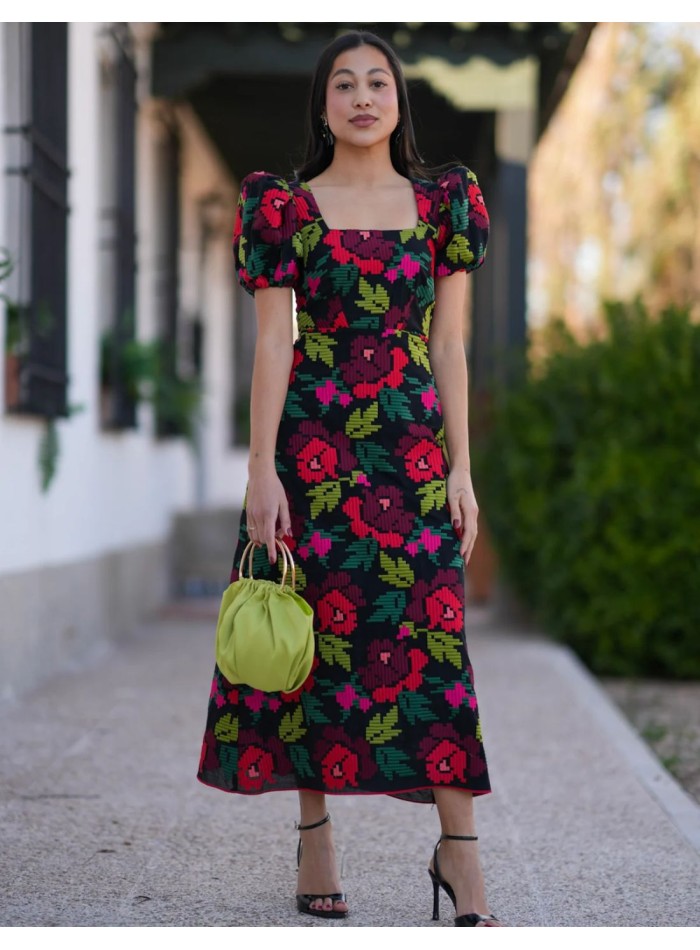 Robe midi en brocart multicolore avec manches...