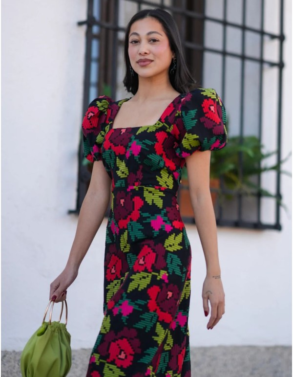 Multicolored brocade midi dress with puffed sleeves and... 2