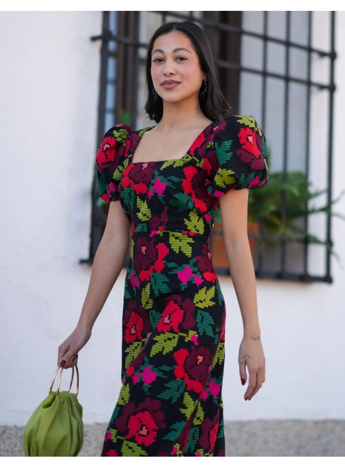 Multicolored brocade midi dress with puffed...