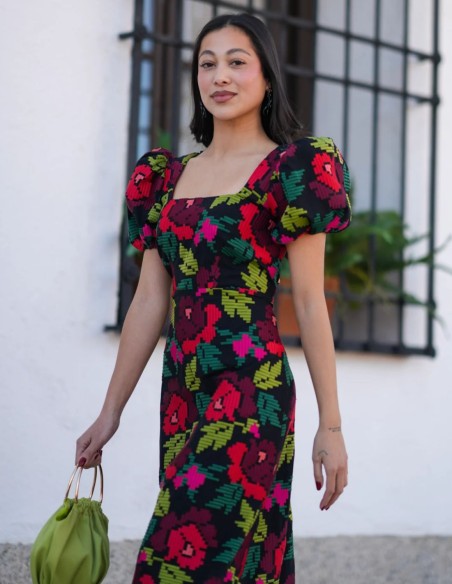 Robe midi en brocart multicolore avec manches bouffantes et jupe crayon