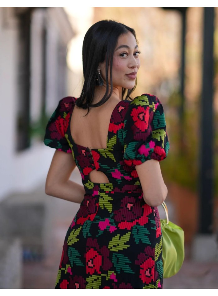 Robe midi en brocart multicolore avec manches...