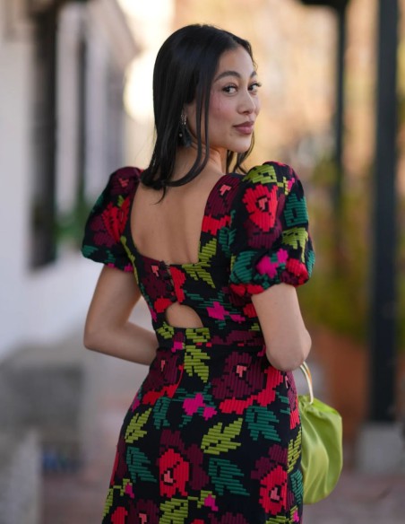 Multicolored brocade midi dress with puffed sleeves and pencil skirt