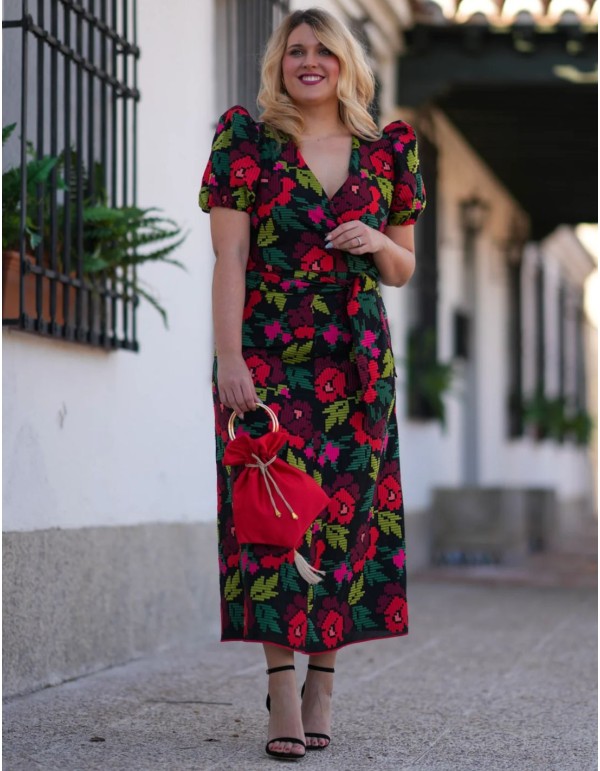 Conjunto de dos piezas brocado multicolor con top de manga abullonada y falda lápiz