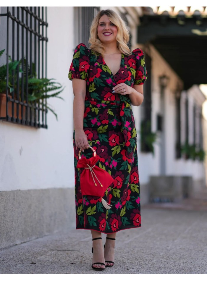 Multicolored brocade two-piece set with puffed...