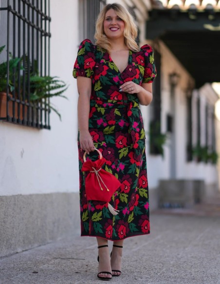 Multicolored brocade two-piece set with puffed sleeve top and pencil skirt