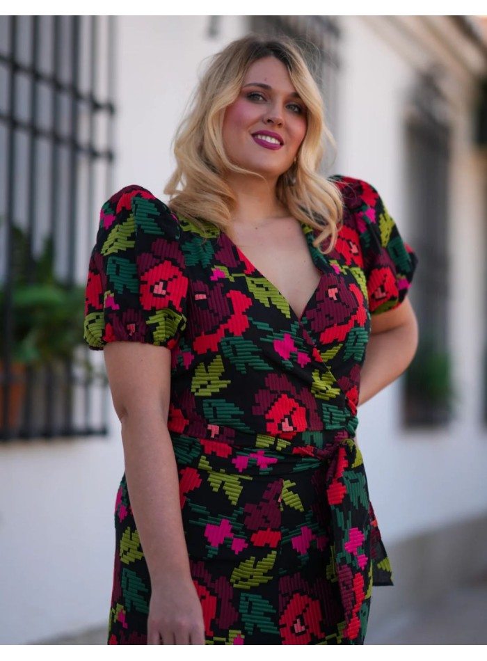 Multicolored brocade two-piece set with puffed...