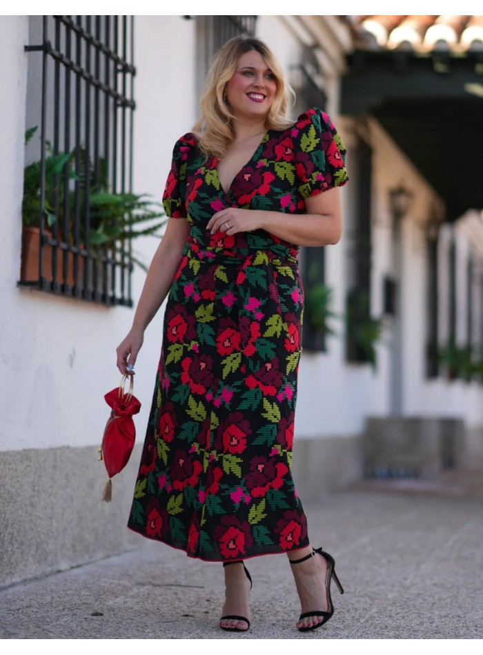 Multicolored brocade two-piece set with puffed...