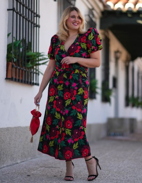 Multicolored brocade two-piece set with puffed sleeve top and pencil skirt