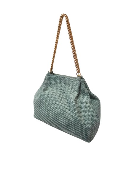 Cartera de yute verde agua con cadena dorada y cierre magnético