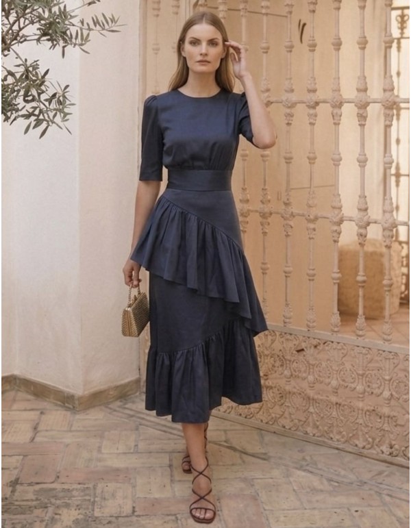 Blue taffeta midi skirt with ruffles and asymmetrical... 2