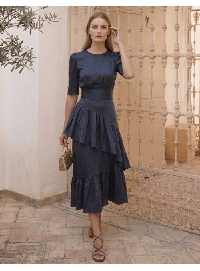 Blue taffeta midi skirt with ruffles and...