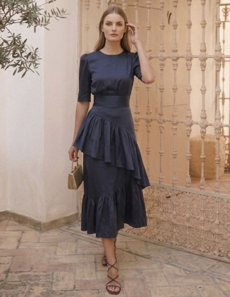 Falda midi de tafetán azul con volantes