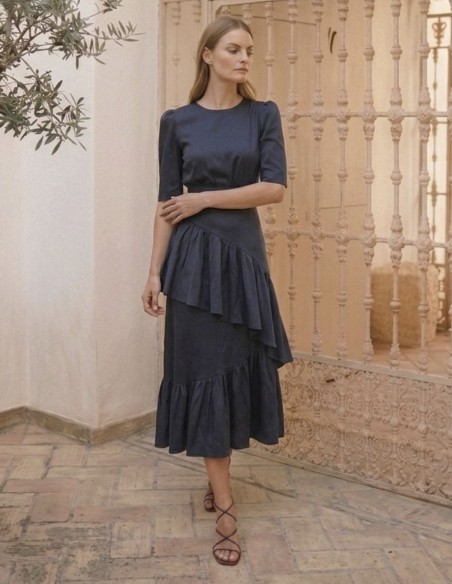 Blue taffeta midi skirt with ruffles and asymmetrical hemline