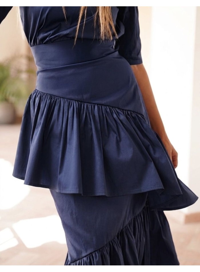 Jupe midi en taffetas bleu avec volants et...