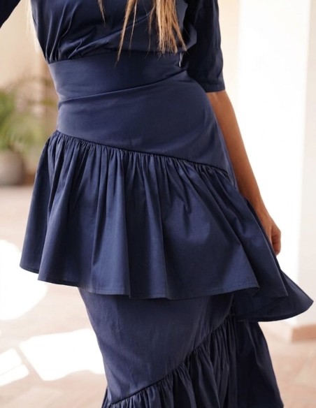 Blue taffeta midi skirt with ruffles and asymmetrical hemline