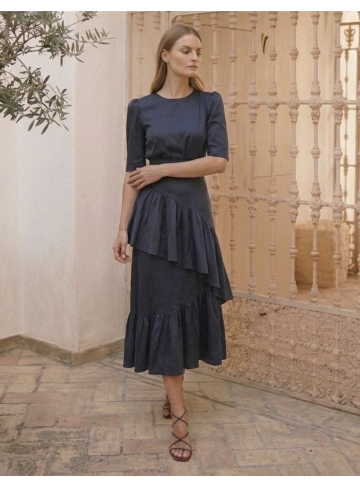 Navy blue taffeta top with elbow sleeves